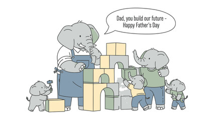 Father's Day joy: Adorable cartoon elephants collaborate in building a colorful structure, celebrating the spirit of family. Capture the heart and love between family. © FARHANA