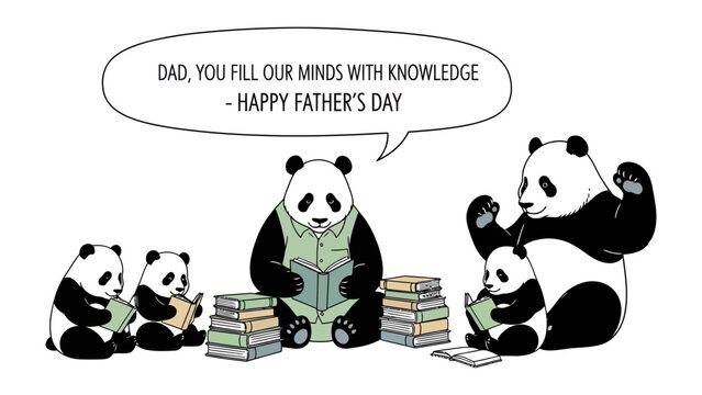 Father's Day Pandas: A heartwarming scene depicts a panda family celebrating Father's Day, with the father panda imparting knowledge to his cubs. Capturing the essence of education, family bonds.