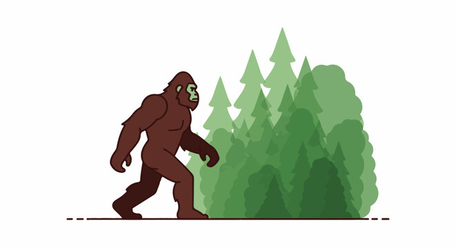 Brown hairy creature walks past a row of green trees