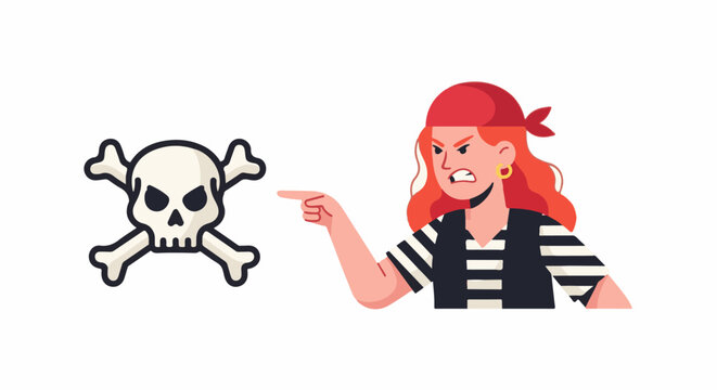 Angry pirate points finger at skull and crossbones symbol