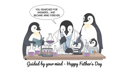 Penguin Scientist's Day: A whimsical illustration depicts a penguin scientist conducting experiments, surrounded by his family. Featuring test tubes, beakers. © FARHANA