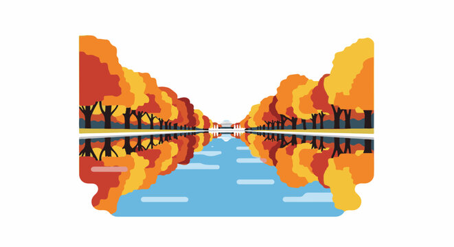 Autumn trees line a canal with their reflections in the water