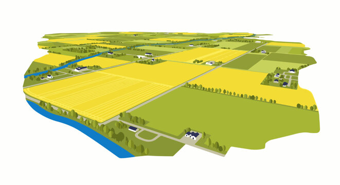 Aerial view of a picturesque rural landscape with vibrant yellow fields