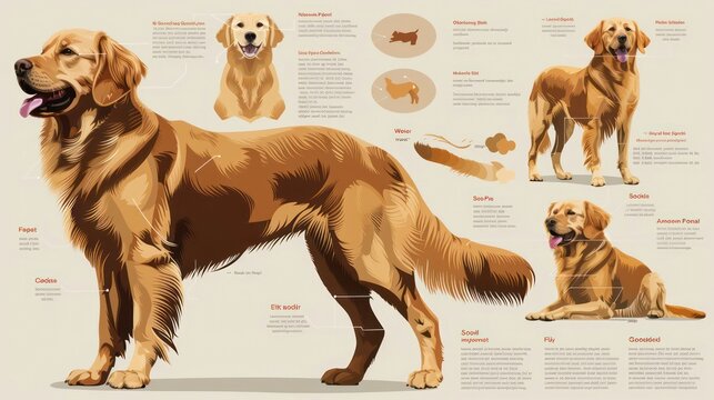 Golden Retriever Anatomy Diagram, Dog, Canine, Breed, Anatomy, Illustration, Chart, Pet, Animal, Fur, Coat, Tail, Paws, Body, Head, Ear, Eye, Nose, Mouth, Tongue, Teeth.