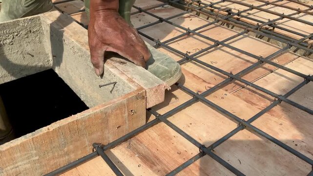 Construction worker hammering a nail into wooden formwork for concrete slab reinforcement
