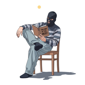 Thief in ski mask reading "The Art of the Heist" book, sitting on chair