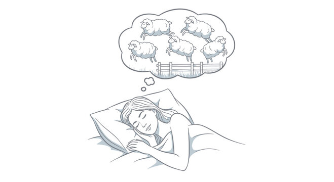 Woman sleeping and dreaming of jumping sheep over fence for counting sheep
