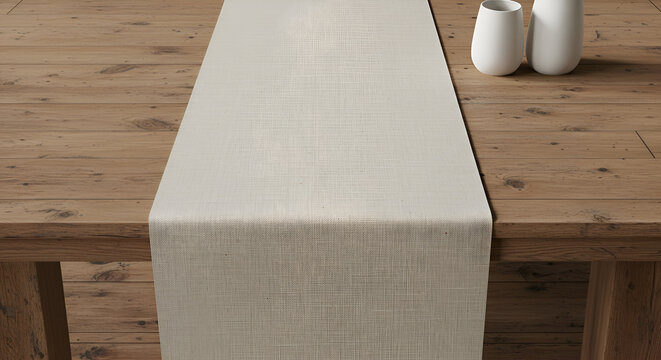 Beige linen table runner on a wooden dining table. Neutral colored table runner running along the length of a wooden table top with two white vases.