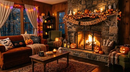 Fototapeta premium Cozy Halloween living room with fireplace and festive decorations
