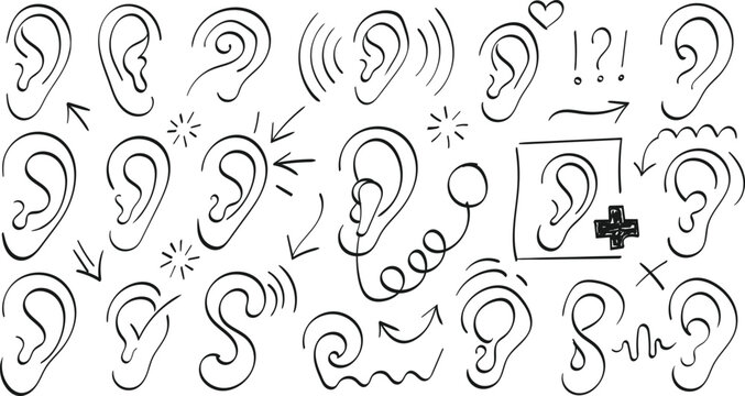 A diverse set of hand-drawn doodle illustrations of human ears, featuring various symbols and icons related to hearing, listening, sound, and communication.
