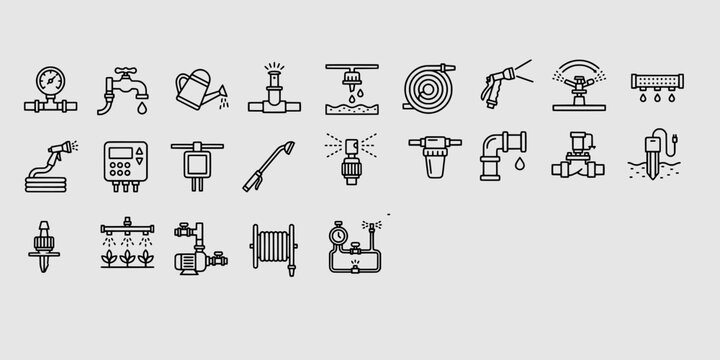 Icon set collection of irrigation and water management line icons showing sprinklers, pumps, hoses, and automated garden watering systems.