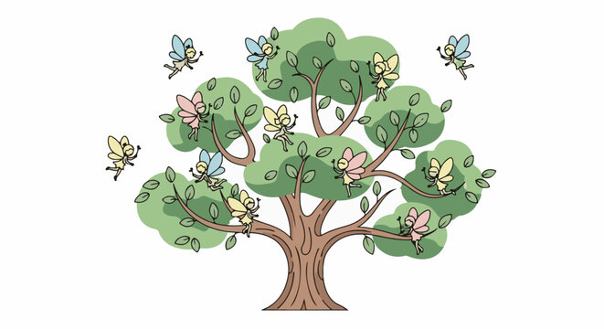 A whimsical cartoon tree with many colorful fairies