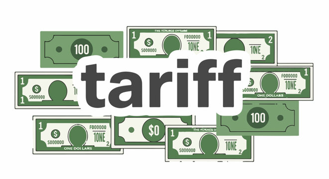 Cartoon illustration of dollar bills with the word "tariff" in large font
