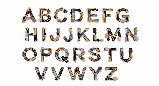 Alphabet letters A to Z with colorful abstract textures and grunge effects
