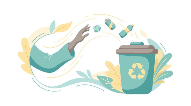 Person throwing recyclable materials into a recycling bin with leaves and eco-friendly symbols.