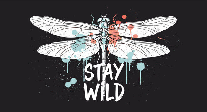 Creative illustration of a dragonfly with transparent wings and vibrant paint splatters on a dark background with stay wild text.