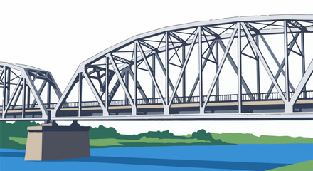 Fototapeta premium A wide steel truss bridge spans over a blue river with green banks
