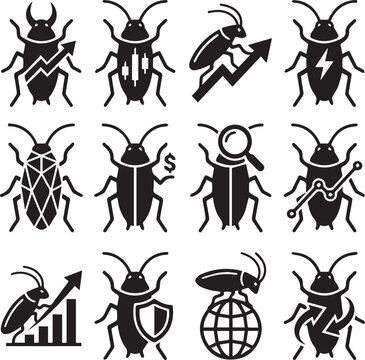 Black beetle icons, business symbols, finance and technology graphics, 12 vector graphics