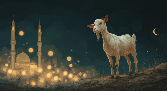 Eid -al- adhaa concept,A white goat with small horns and a pointed beard sits on a mound of brown rocks in the foreground, looking directly at the viewer with a slight smile