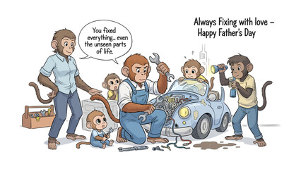 Monkey Family Father's Day Car Repair: This charming illustration shows a monkey family working on a car, with the father expertly fixing it. © Abu