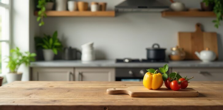 Rustic wood tabletop, blurred kitchen backdrop, selective focus, detail, blurred background