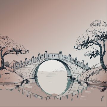 Traditional stone arch bridge over water with trees.

