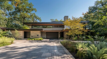 Fototapeta premium Modern brick home with a paved driveway and lush landscaping.