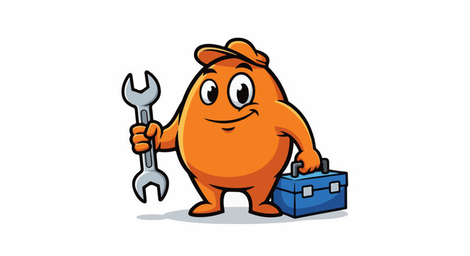 Cheerful orange blob character with a wrench and toolbox
