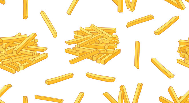 Seamless background pattern of golden crispy french fries scattered across a plain white surface for fast food theme.