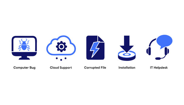 Computer error, cloud support, and IT helpdesk icons, 5 symbols