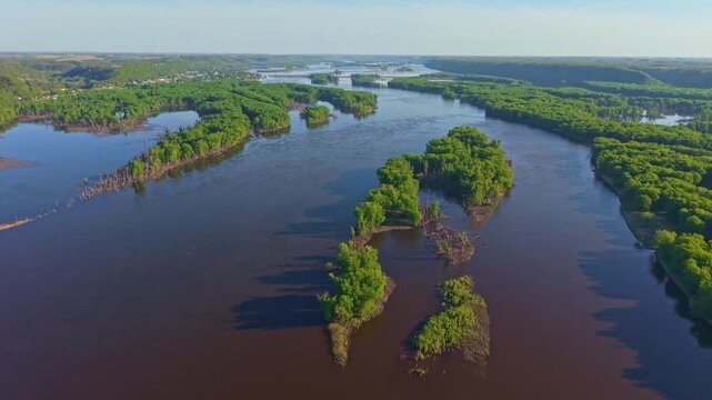 Scenic aerial view of the Mississippi River with forested islands wetlands and ridges in the Driftless Area