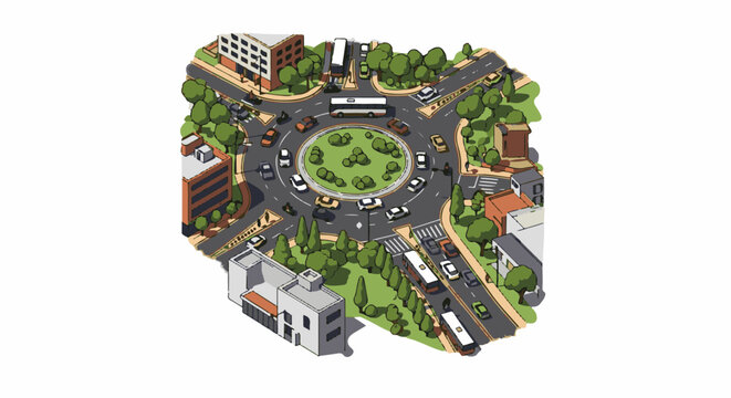 Busy urban roundabout scene with vehicles, buildings, and trees in isometric view
