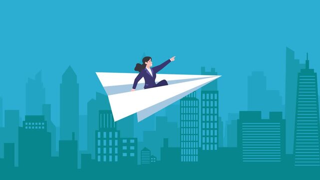 2D animation of a businesswoman riding a paper airplane pointing forward over a city background. Concepts of business vision, leadership, success, future goals, and innovation.
