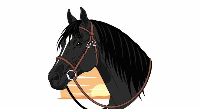 Black horse head with bridle against a sunset sky
