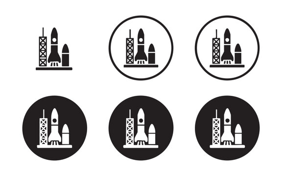 Rocket launch icons with platform and support structures for aerospace and science web graphics.