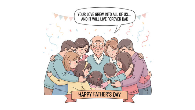 Father's Day Warm Embrace: A tender illustration depicts a loving family united in a heartfelt embrace around their patriarch on Father's Day. The scene evokes feelings of love, gratitude.