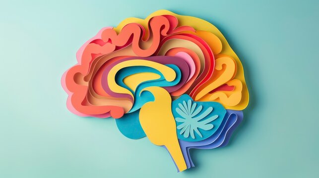 Colorful paper cut brain on light blue background.