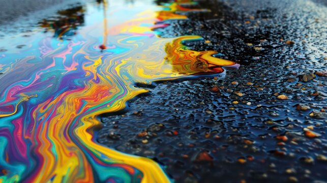 Colorful oil slick in a puddle on an asphalt road.