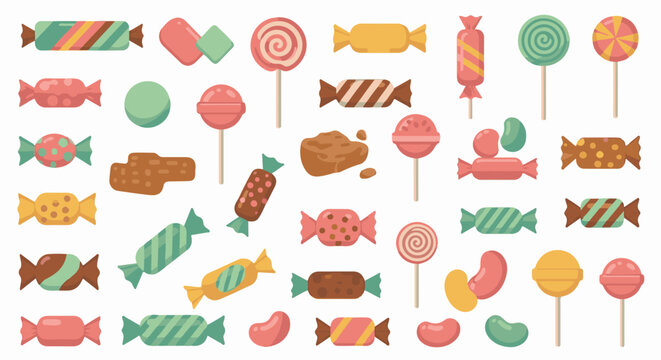 Assortment of colorful, pixelated candies and lollipops on a white background