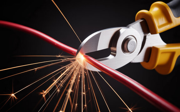 Close-up of wire cutters cutting a red wire with sparks flying, a pair of wire