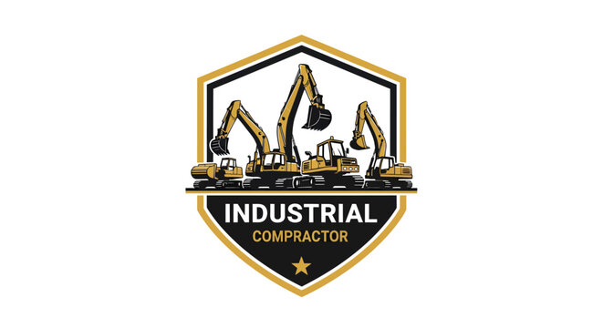 Industrial Contractor Emblem with Heavy Machinery Illustration.