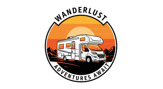 Motorhome RV driving on road with sunset and mountains behind.