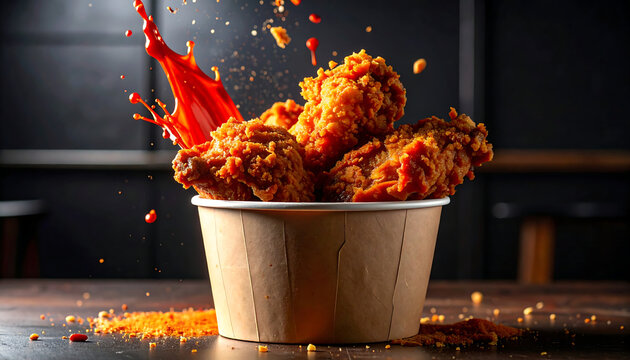 Crispy Fried Chicken in Paper Bucket with Spicy Chili Sauce Splash on Dark Background