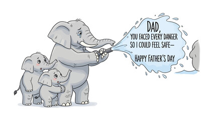 Elephant Family Father's Day Illustration: Heartwarming depiction of an elephant family celebrating Father's Day, with a parent spraying water for safety and love. © Rahimatul