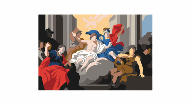 Classical figures in dramatic pose, swirling fabric, grand architecture