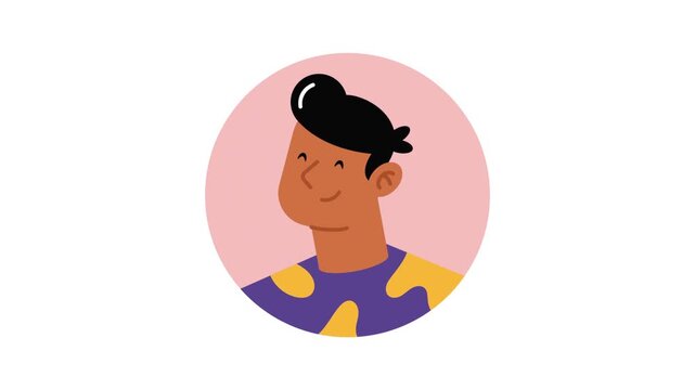 Animated man avatar with dark hair wearing purple shirt with yellow pattern smiles and looks around.
