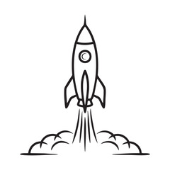Fototapeta premium Sketch style rocket ship launching with smoke cloud silhouette isolated on transparent background.