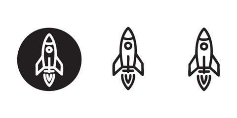 Minimalist rocket icons set with circular button and outlined spacecraft symbols on grid background. © Mohammad