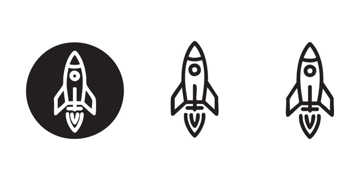 Minimalist rocket icons set with circular button and outlined spacecraft symbols on grid background.