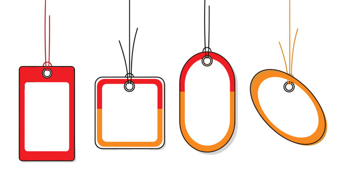 Set of four hanging paper gift tags in various geometric shapes with a warm red and orange color gradient and thin hanging strings for gifts.
